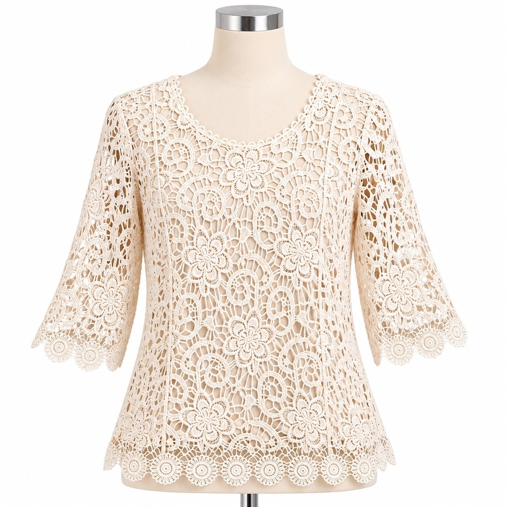 Christopher & Banks Crochet Lace Blouse S Ivory Floral Lined‎ Scalloped Cotton